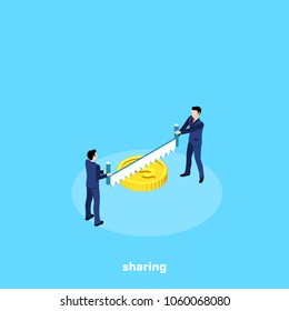 men in business suits are sawing a large gold coin, isometric image