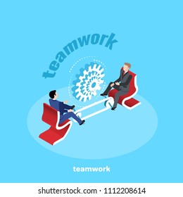 men in business suits are sitting on red armchairs and twist the paddles rotating gears, isometric image