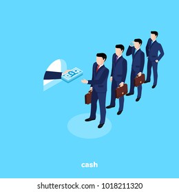 men in business suits stand in line to the cash desk from which they give out cash, isometric image