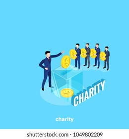 men in business suits stand in line to make a charitable contribution and a glass box as a tool for collecting money, an isometric image