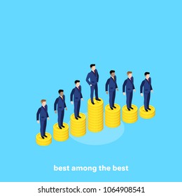 men in business suits stand on piles of coins, isometric image