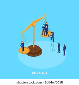 men in business suits stand on scales, isometric image