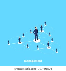 men in business suits stand on the management structure diagram, isometric image