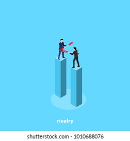 men in business suits standing on poles fighting with batons, isometric image