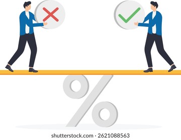 men in business suits are standing on a balancing board with round icons in their hands and the chart columns behind them, true or false, opinion poll

