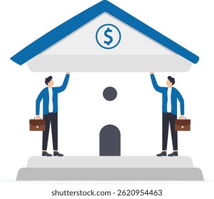 men in business suits and superhero's cloaks are holding a part of the bank building above their heads,

