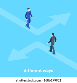 Men in business suits walk along the roads in the form of arrows in different directions. Isometric vector image on a blue background, 