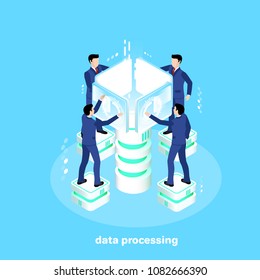 men in business suits work in a futuristic setting with data processing servers, an isometric image