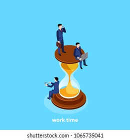 Men in business suits work on a log clock, an isometric image