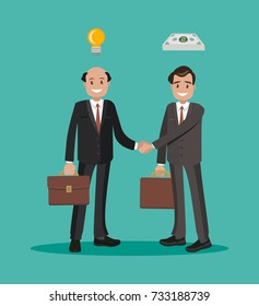 Men in a business transaction. Idea and monetary agreement. Two businessmen shaking hands on a bargain. Flat design.