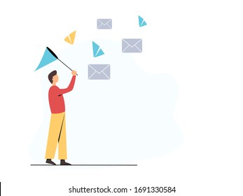Men with butterfly net catch emails. Vector concept of online mailing, correspondence. Waiting for mail. Trendy illustration in a flat style.