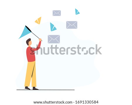 Men with butterfly net catch emails. Vector concept of online mailing, correspondence. Waiting for mail. Trendy illustration in a flat style.