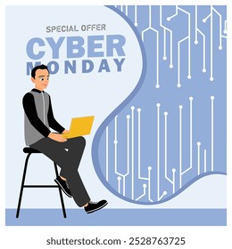 Los hombres compran bienes a través de Internet. Hombre compra online en Cyber ​​Monday. Concepto de ​​lunes cibernético. Ilustración vectorial plana.