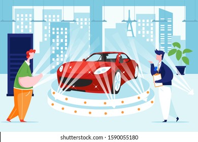 Men buying new luxury vehicle in auto showroom. Can use for web banner, infographics, hero images. Flat style color modern vector illustration.