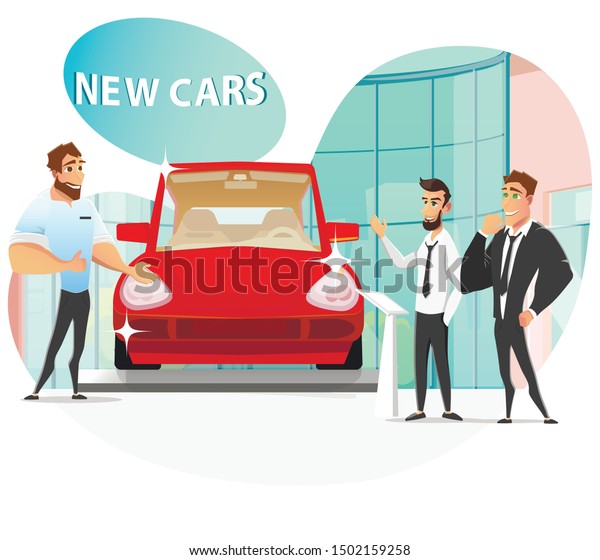 Men Buying New Luxury Vehicle in Auto\
Showroom. Shop Consultant Helping Customers Choose Automobile. Car\
Dealership Service. Auto Buyers and Seller Cartoon Characters.\
Vector Flat Illustration