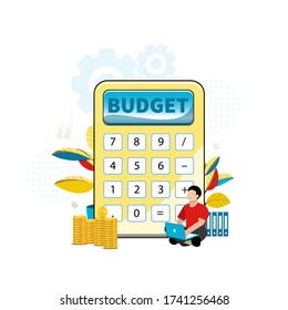 Men calculate financial profit. Planning budget, Carry out audit. Huge calculator. Tiny man. Graph and chart. Vector Illustration.