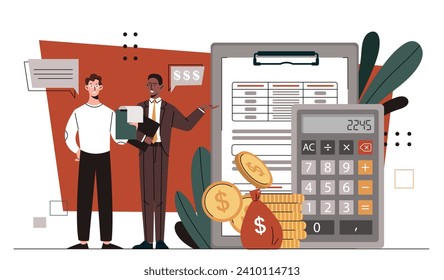 Hombres con concepto de cálculo. Trabajadores y empleados cerca de la calculadora y la bolsa con monedas de oro. Alfabetización financiera e ingresos pasivos. Inversor y comerciante. Dibujo vectorial plano de dibujos animados