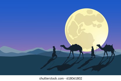 Men and camels do across desert in moonlight. Cartoon hand made vector illustration.
