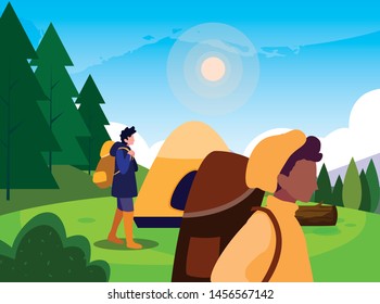 men camp tent forest trunk sunlight