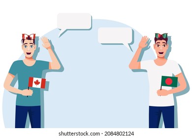 Men with Canadian and Bangladeshi flags. The concept of international communication, education, sports, travel, business. Dialogue between Canada and Bangladesh. Vector illustration.