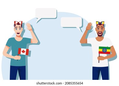 Men with Canadian and Ethiopian flags. Background for text. Communication between native speakers of Canada and Ethiopia. Vector illustration.