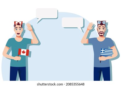 Men with Canadian and Greek flags. Background for the text. The concept of sports, political, education, travel and business relations between Canada and Greece. Vector illustration.