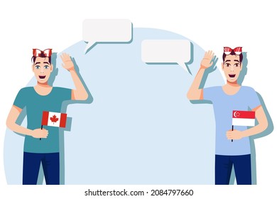 Men with Canadian and Singapore flags. Background for text. Communication between native speakers of Canada and Singapore. Vector illustration.