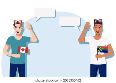 Men with Canadian and South African flags. Background for the text. The concept of sports, political, education, travel and business relations between Canada and South Africa. Vector illustration.