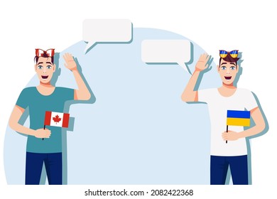 Men with Canadian and Ukrainian flags. Background for text. Communication between native speakers of Canada and Ukraine. Vector illustration.