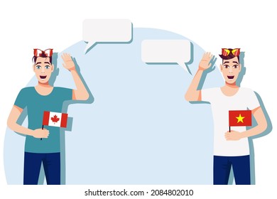 Men with Canadian and Vietnamese flags. Background for text. Communication between native speakers of Canada and Vietnam. Vector illustration.