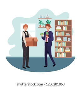 men with cardboard box and wallet in the room