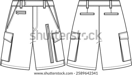 Men Cargo bermuda short with patch pockets and zip pockets at front, slash front pockets and back welt pockets, longer inseam, knee length, belt loops, fly closure hidden button on waistband