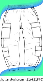 Men Cargo Pants outline  Vector Template, Men Cargo Pants in a sketch style, trainers template outline, vector Illustration.
