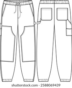 Men Carpenter jogger, drawcord, front slanted pockets, high rise, elastic waistband and cuff, patch pockets at back, sketch front and back, vectors, carpenter details