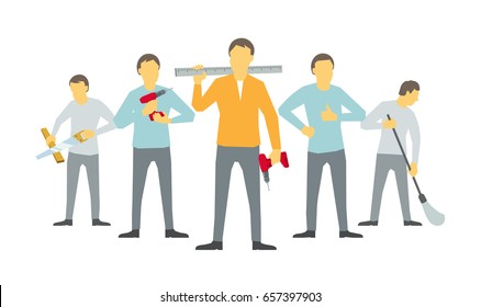 Men are carpenters, team of workers. Five handymen. Husband for an hour.