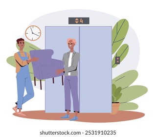 Men carry chair. Young guys with chair in hands. Loaders and builders with furniture for apartment. Repair and renovation. Delivery workers. Flat vector illustration isolated on white background