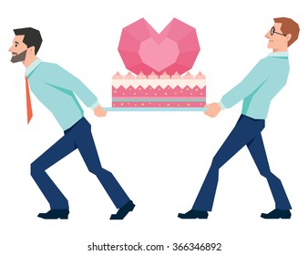 Men carry a huge cake Valentines illustration style low poly