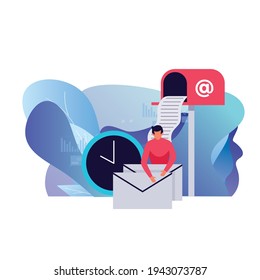 Men carry large letter. Email concept illustration, Subscribe to newsletters, Email marketing businesses. Vector in flat style