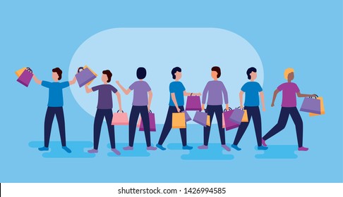 men carry shopping bags colors vector illustration