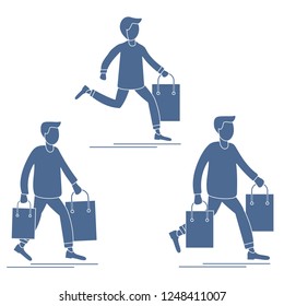 Men carry shopping bags from sale. Shopping men. Big sale. Black Friday. Men bought many gift bags. Special Offer. Design concept for banner, promotional materials, print.