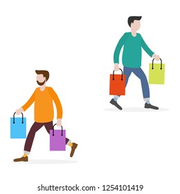 Men carry shopping bags from sale. Shopping men. Big sale. Black Friday. Men bought many gift bags. Special Offer. Design concept for banner, promotional materials, print.