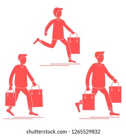 Men carry shopping bags from sale. Shopping men. Big sale. Black Friday. Men bought many gift bags. Special Offer. Design concept for banner, promotional materials, print.