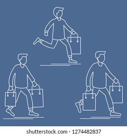 Men carry shopping bags from sale. Shopping men. Big sale. Black Friday. Men bought many gift bags. Special Offer. Design concept for banner, promotional materials, print.