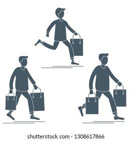Men carry shopping bags from sale. Shopping men. Big sale. Black Friday. Men bought many gift bags. Special Offer. Design concept for banner, promotional materials, print.