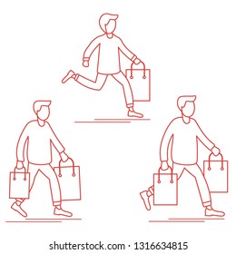 Men carry shopping bags from sale. Shopping men. Big sale. Black Friday. Men bought many gift bags. Special Offer. Design concept for banner, promotional materials, print.