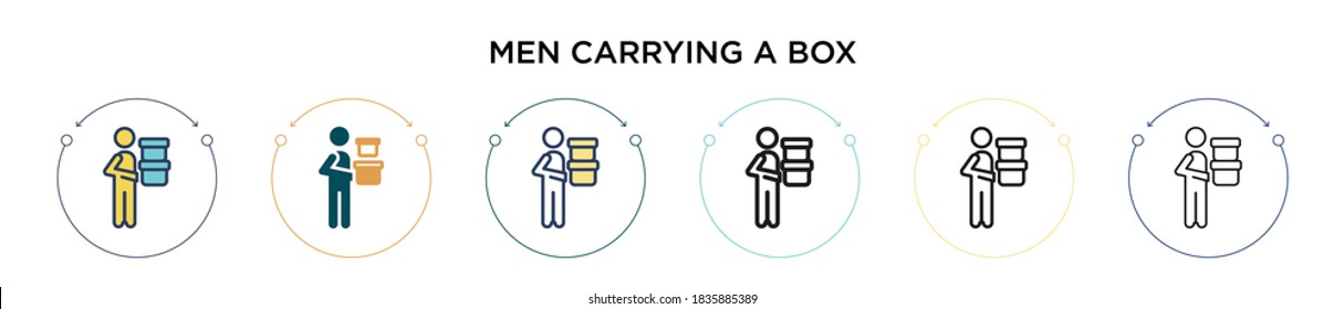 Men carrying a box icon in filled, thin line, outline and stroke style. Vector illustration of two colored and black men carrying a box vector icons designs can be used for mobile, ui, web