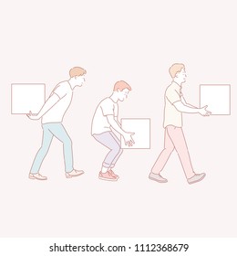 The men are carrying boxes. hand drawn style vector doodle design illustrations.