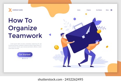 An Männer, die zusammen Aktentasche tragen. Konzept der Teamarbeit Zusammenarbeit, Hilfe von Kollegen, Geschäftspartnerschaft, Zusammenarbeit oder Allianz. Moderne flache Vektorillustration für Landing Page