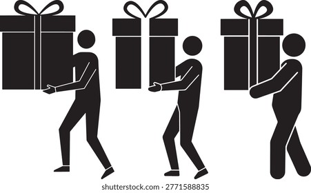 Men carrying gift boxes presents giving receiving joy surprise celebration.