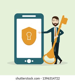 Men carrying the key to unlock mobile security . Modern flat design concept, landing page template. - Vector illustration